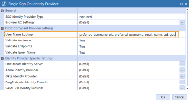 The Single Sign On Identity Provider dialog box has a grid with row headings that have a blue background with blue text and can be expanded to display fields with a white background and black text. In this example, in the OIDC Compliant Provider Settings section, User Name Lookup is highlighted to show that aud has been added.